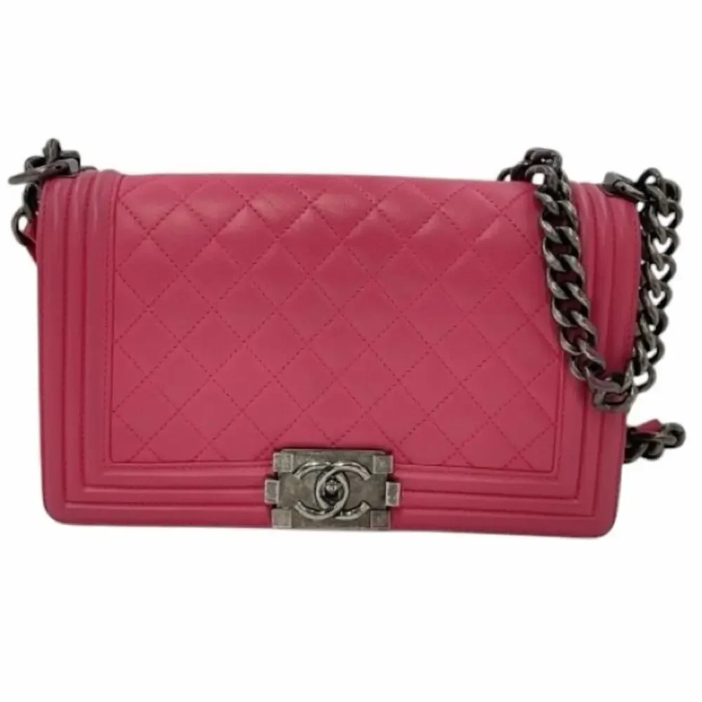 Authentic Chanel Pink Quilted Leather Boy Flap Crossbody Bag